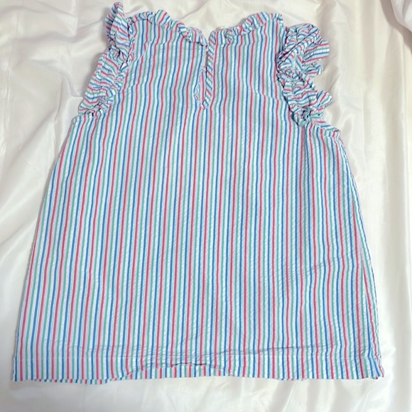 Red blue green white pinstriped ruffled girls youth 8-12 (M) short sleeved shirt - Picture 3 of 4